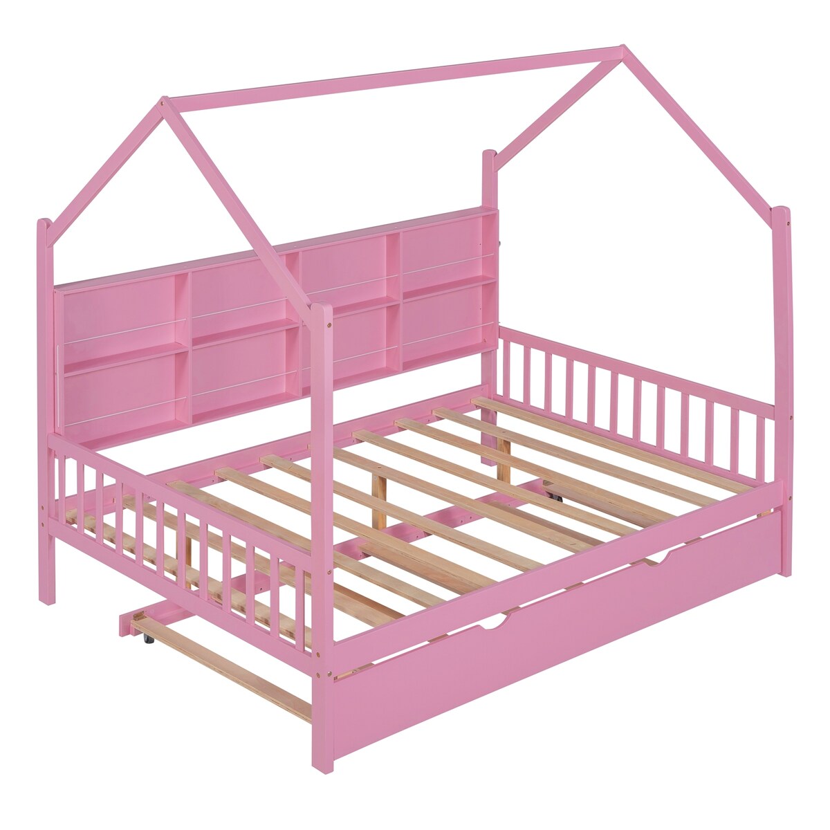 Playhouse Wooden House Bed Full Size Kid Bed w/ Trundle & Shelf Unisex