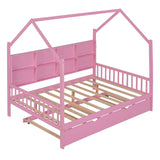 Playhouse Wooden House Bed Full Size Kid Bed w/ Trundle & Shelf Unisex