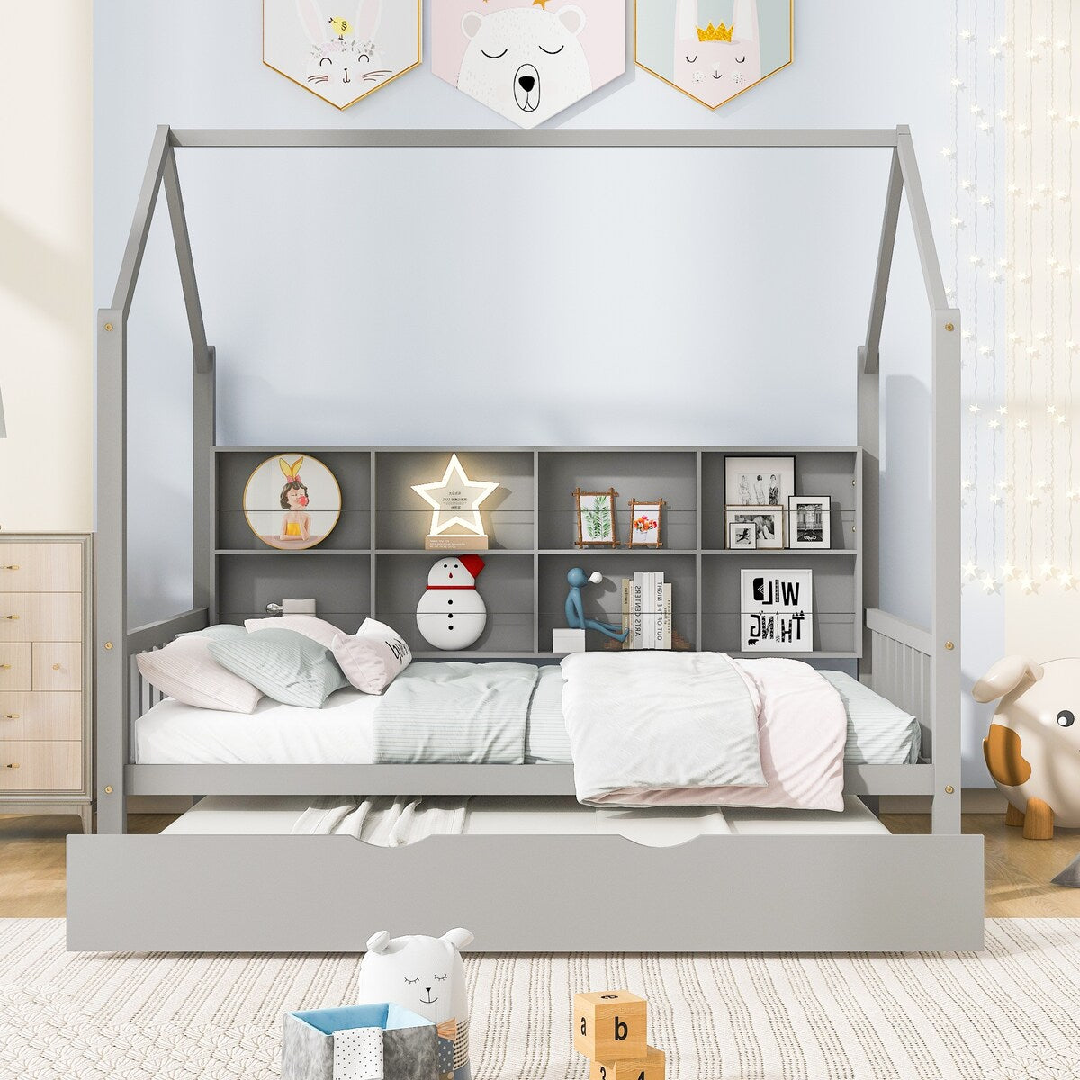 Playhouse Wooden House Bed Full Size Kid Bed w/ Trundle & Shelf Unisex