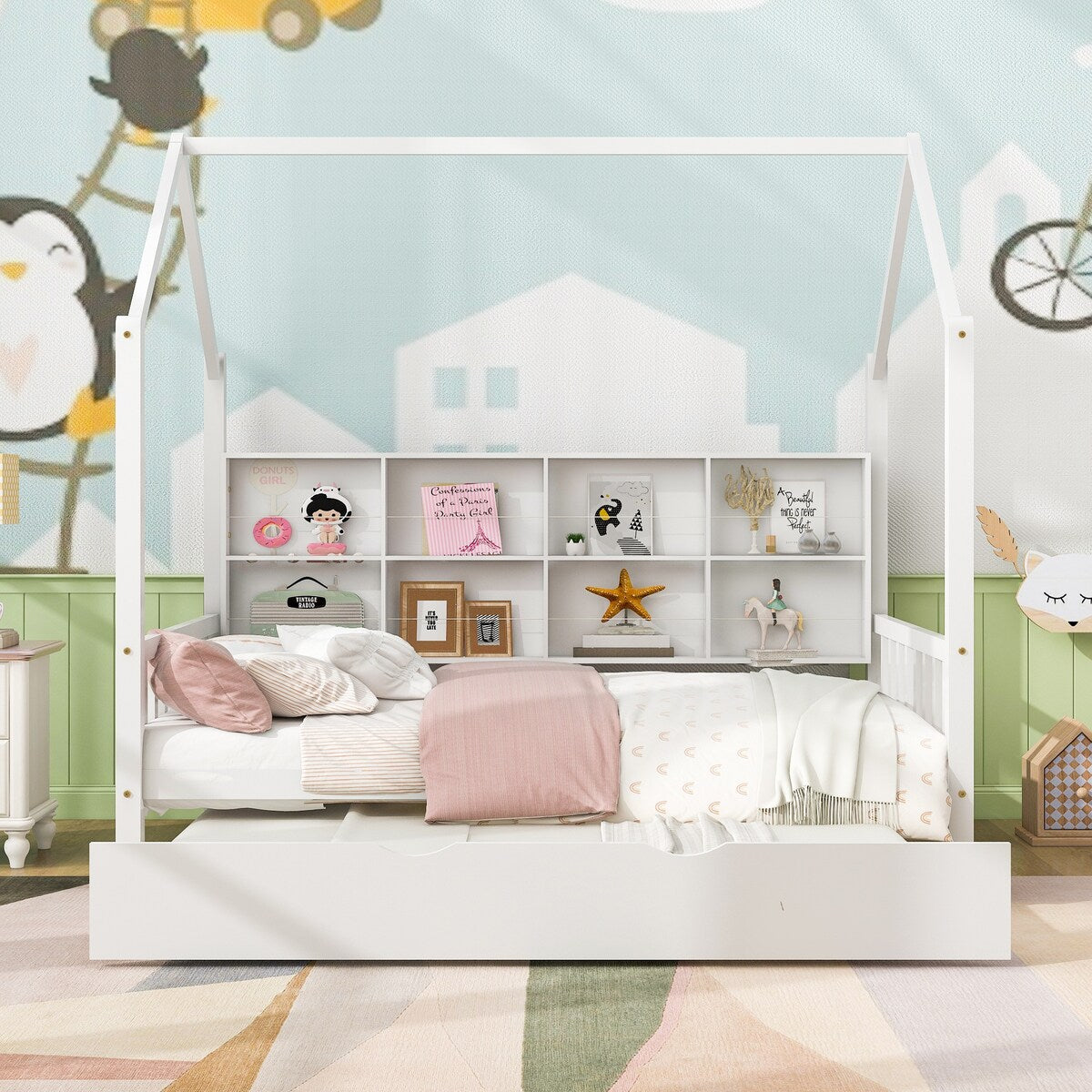 Playhouse Wooden House Bed Full Size Kid Bed w/ Trundle & Shelf Unisex