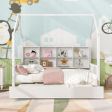 Playhouse Wooden House Bed Full Size Kid Bed w/ Trundle & Shelf Unisex