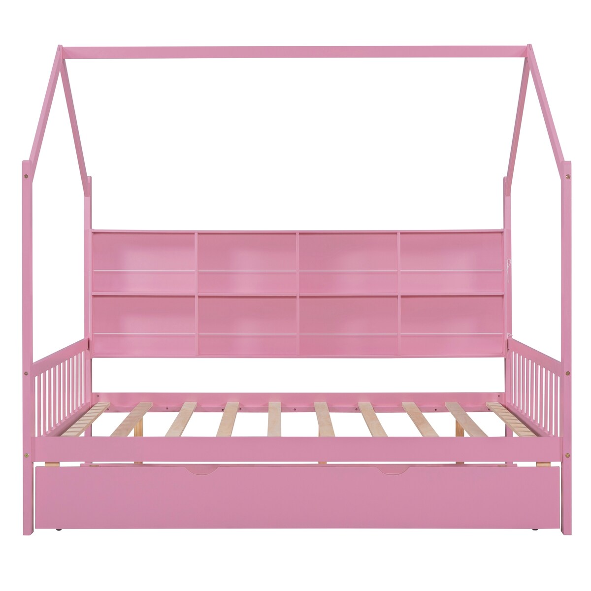 Playhouse Wooden House Bed Full Size Kid Bed w/ Trundle & Shelf Unisex