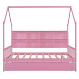 Playhouse Wooden House Bed Full Size Kid Bed w/ Trundle & Shelf Unisex