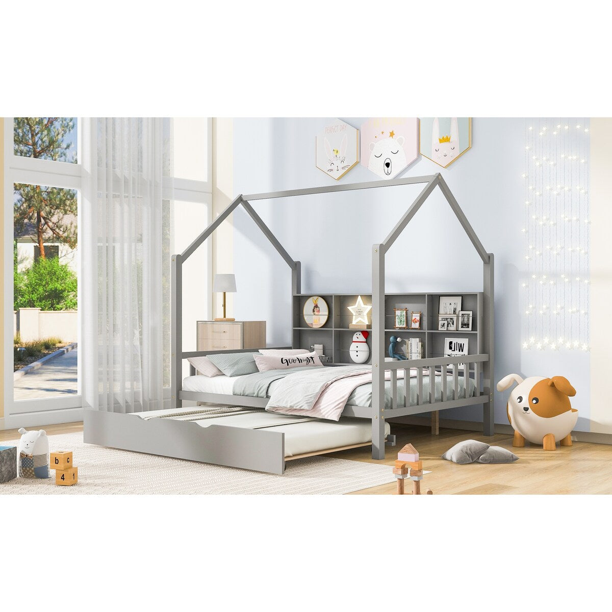 Playhouse Wooden House Bed Full Size Kid Bed w/ Trundle & Shelf Unisex