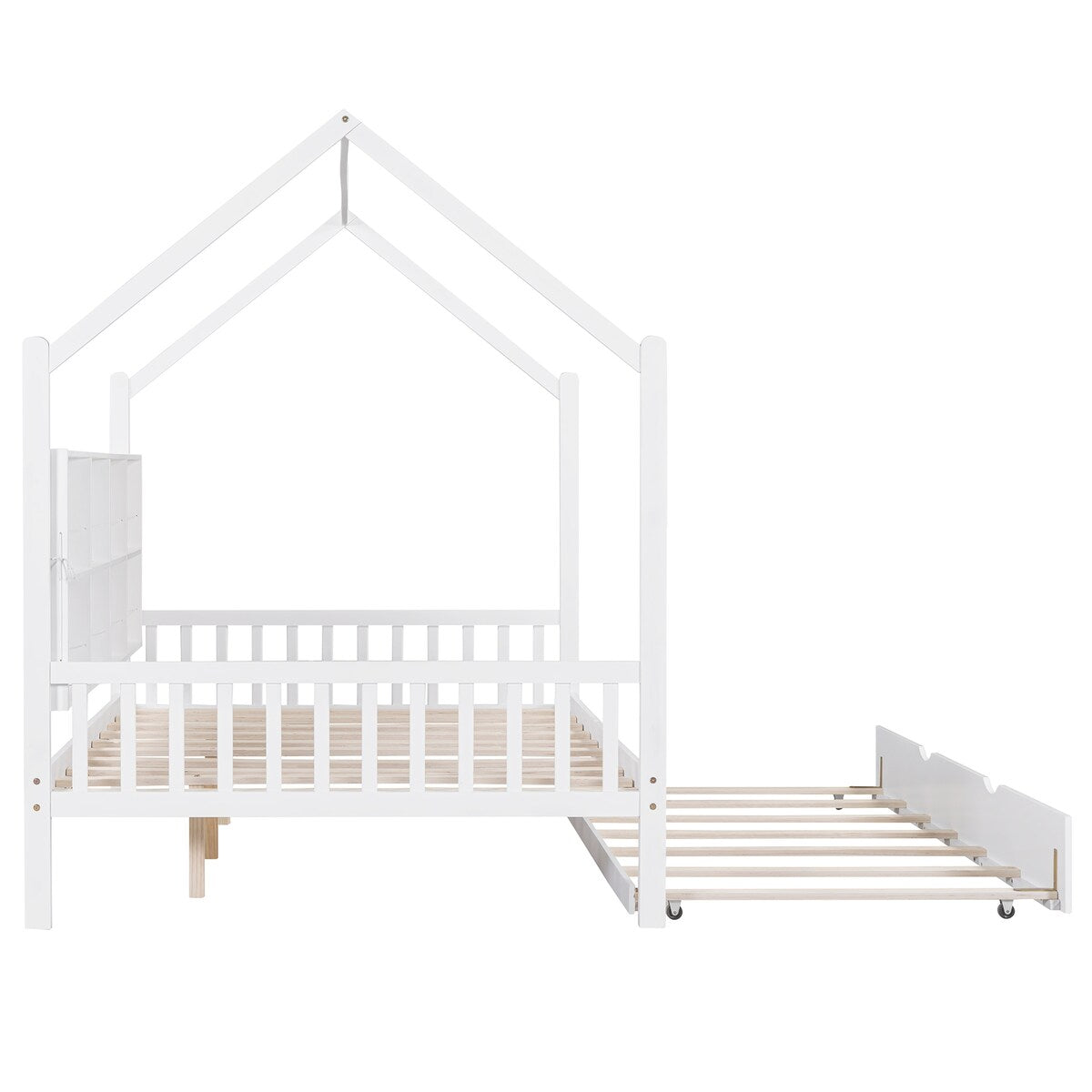 Playhouse Wooden House Bed Full Size Kid Bed w/ Trundle & Shelf Unisex