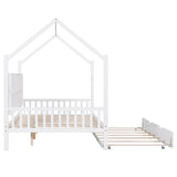 Playhouse Wooden House Bed Full Size Kid Bed w/ Trundle & Shelf Unisex