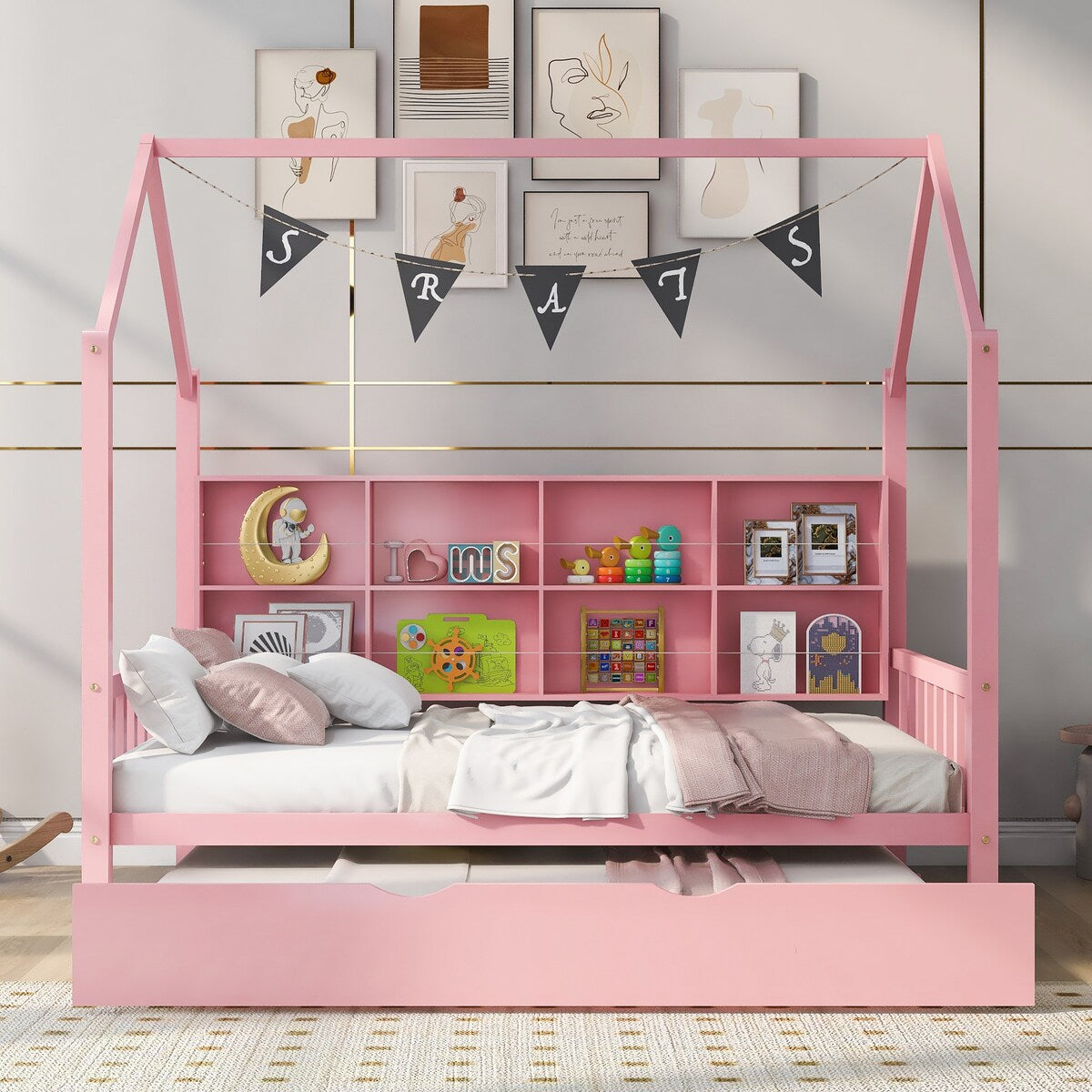 Playhouse Wooden House Bed Full Size Kid Bed w/ Trundle & Shelf Unisex