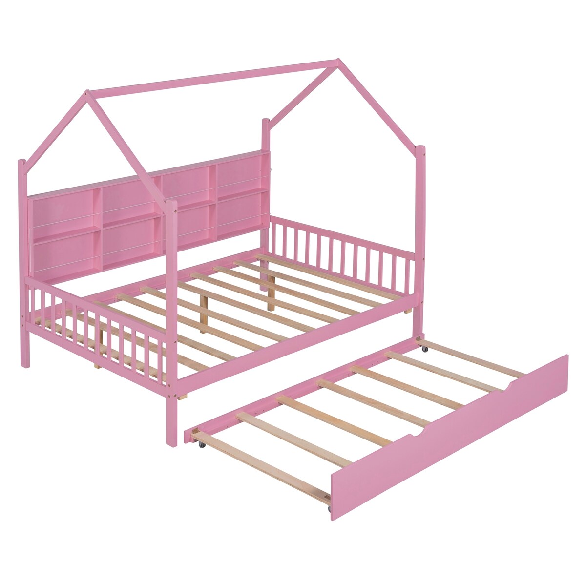 Playhouse Wooden House Bed Full Size Kid Bed w/ Trundle & Shelf Unisex