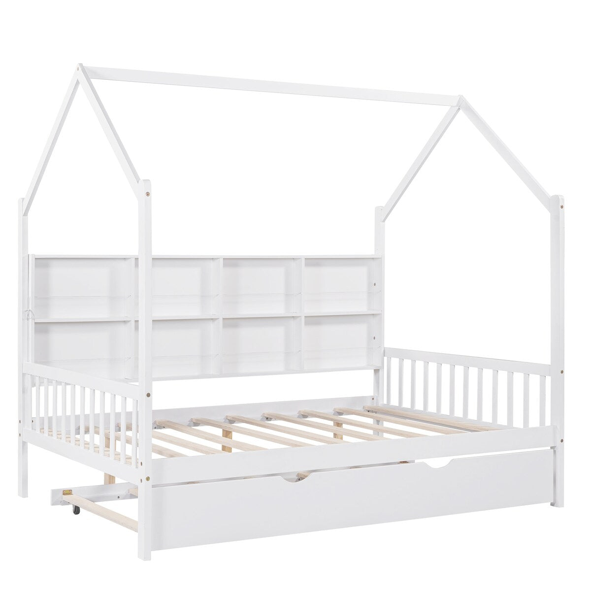 Playhouse Wooden House Bed Full Size Kid Bed w/ Trundle & Shelf Unisex