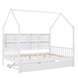 Playhouse Wooden House Bed Full Size Kid Bed w/ Trundle & Shelf Unisex
