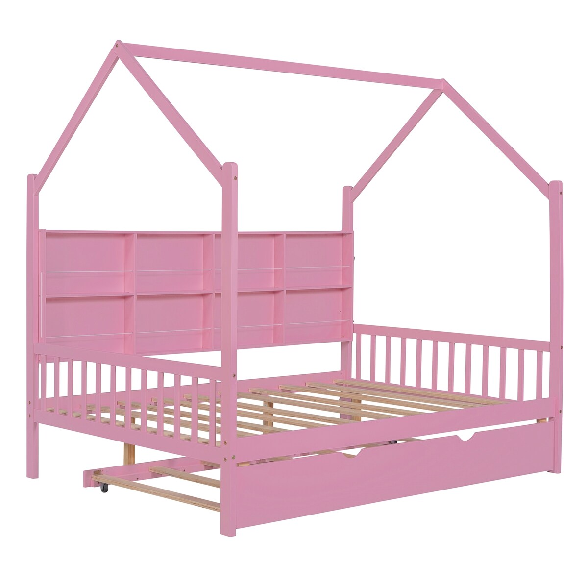 Playhouse Wooden House Bed Full Size Kid Bed w/ Trundle & Shelf Unisex