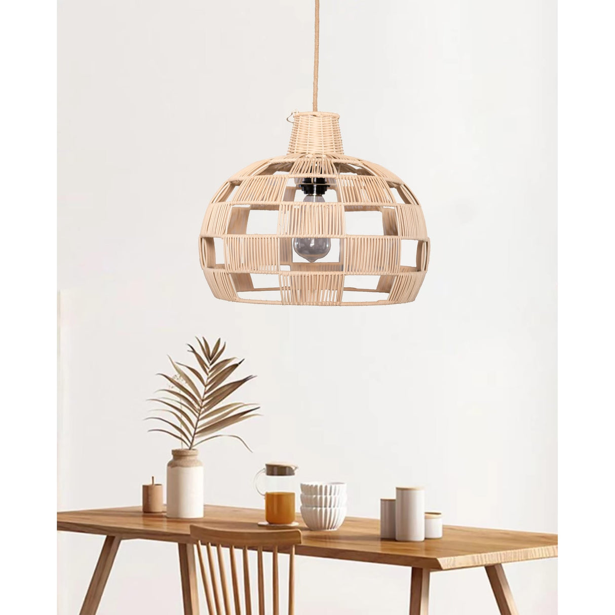 Plug In Wicker Rattan Natural Pendant Dome Shape Hanging Light - 16" Wide