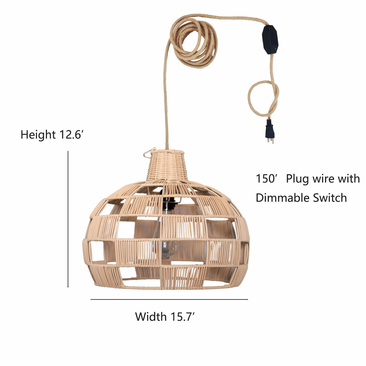 Plug In Wicker Rattan Natural Pendant Dome Shape Hanging Light - 16" Wide