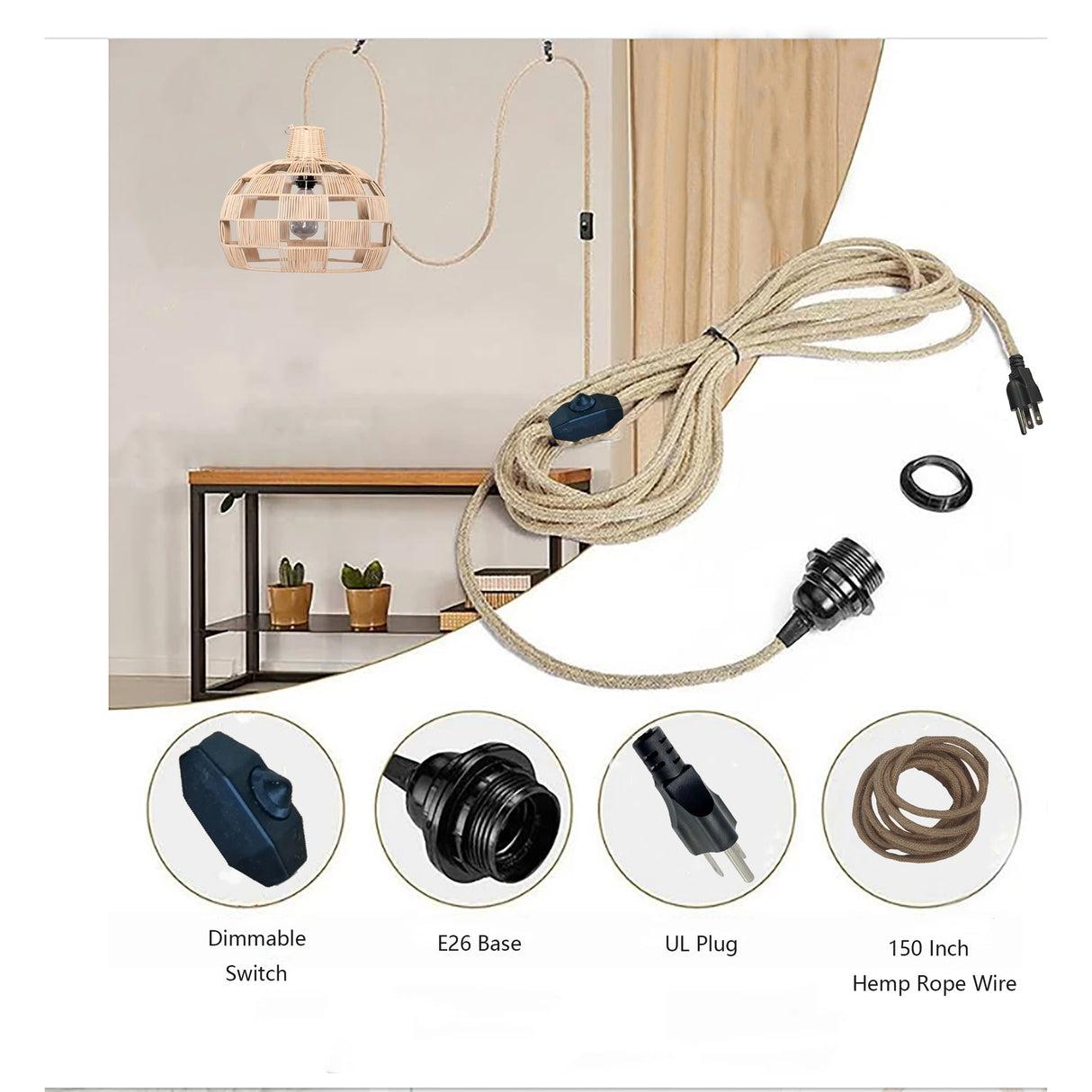 Plug In Wicker Rattan Natural Pendant Dome Shape Hanging Light - 16" Wide