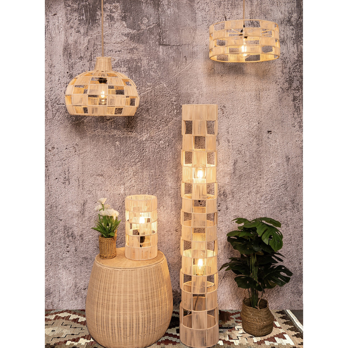Plug In Wicker Rattan Natural Pendant Dome Shape Hanging Light - 16" Wide