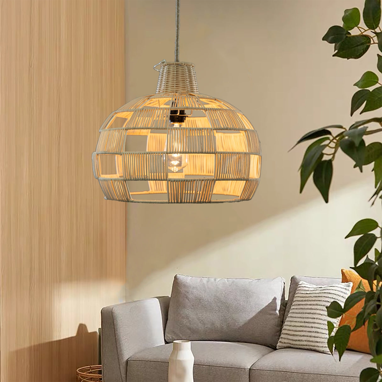 Plug In Wicker Rattan Natural Pendant Dome Shape Hanging Light - 16" Wide