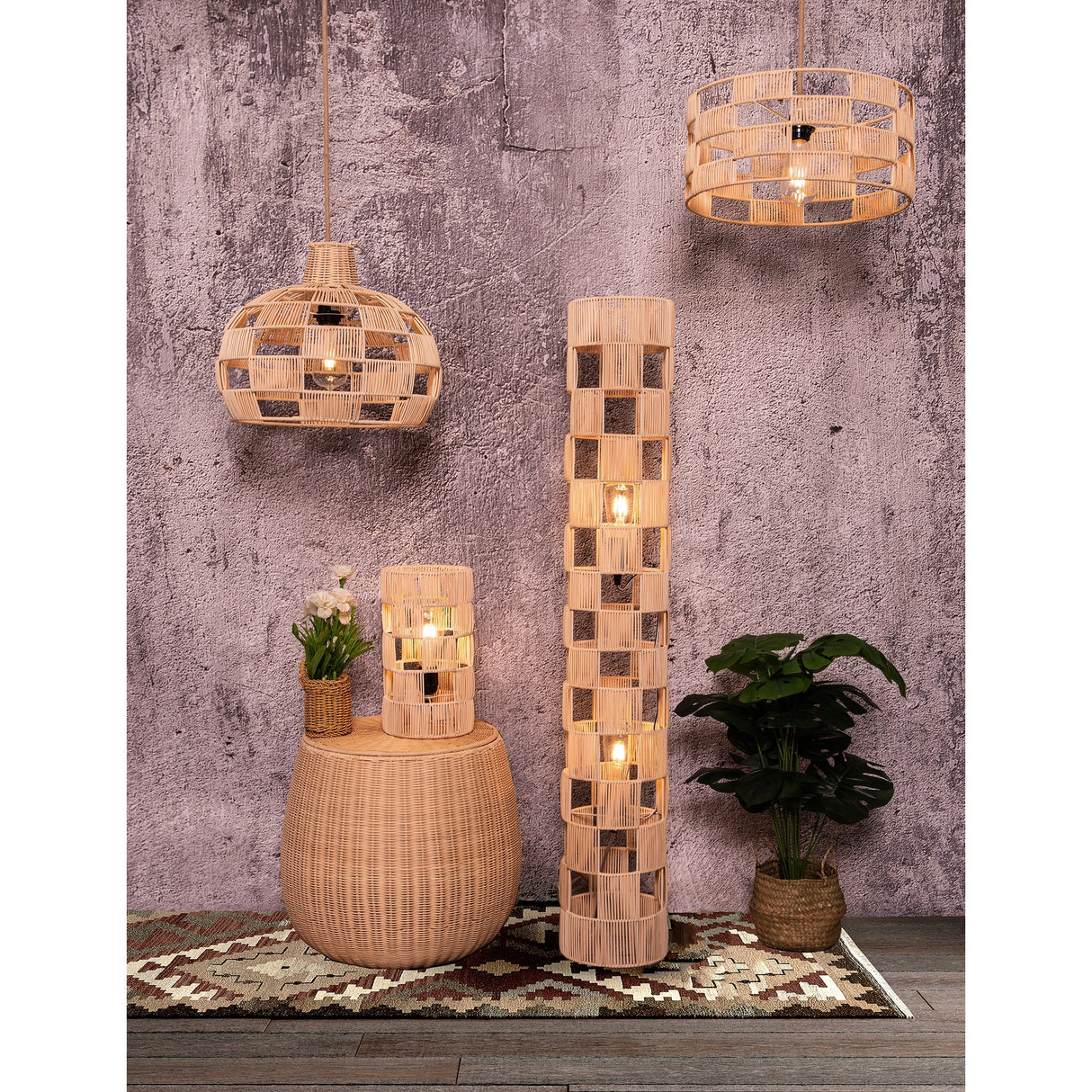 Plug In Wicker Rattan Natural Pendant Dome Shape Hanging Light - 16" Wide