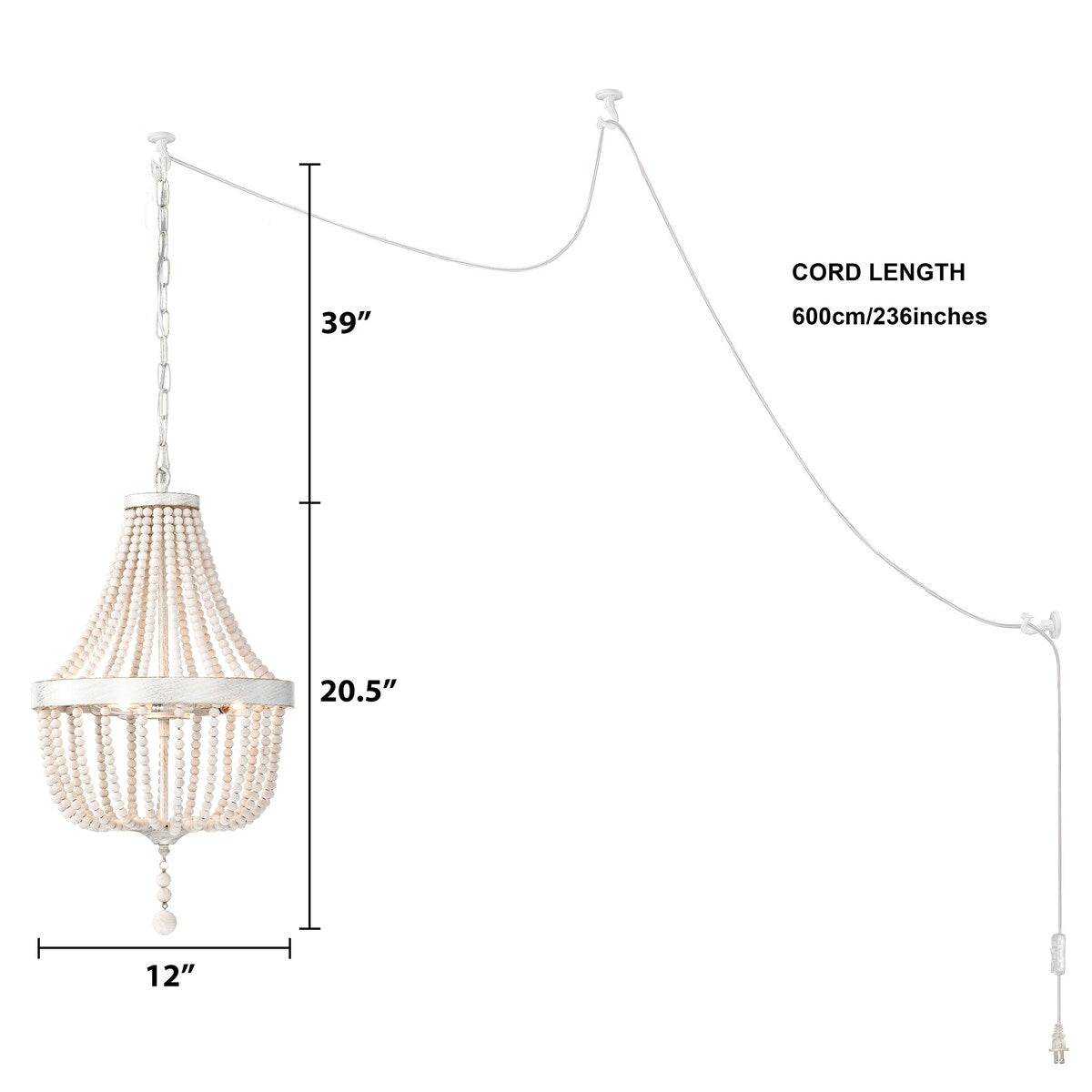 Plug in Wood Beaded Chandelier 3-Light Boho Plug in Pendant Light