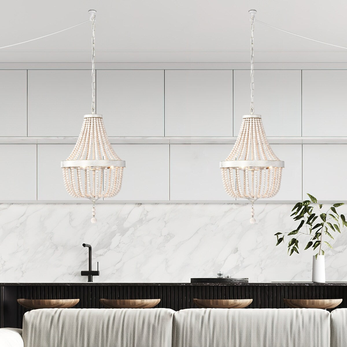 Plug in Wood Beaded Chandelier 3-Light Boho Plug in Pendant Light