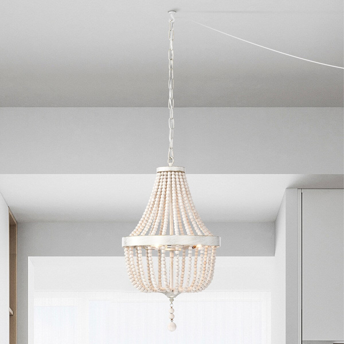 Plug in Wood Beaded Chandelier 3-Light Boho Plug in Pendant Light