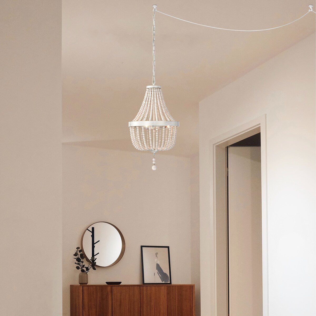 Plug in Wood Beaded Chandelier 3-Light Boho Plug in Pendant Light