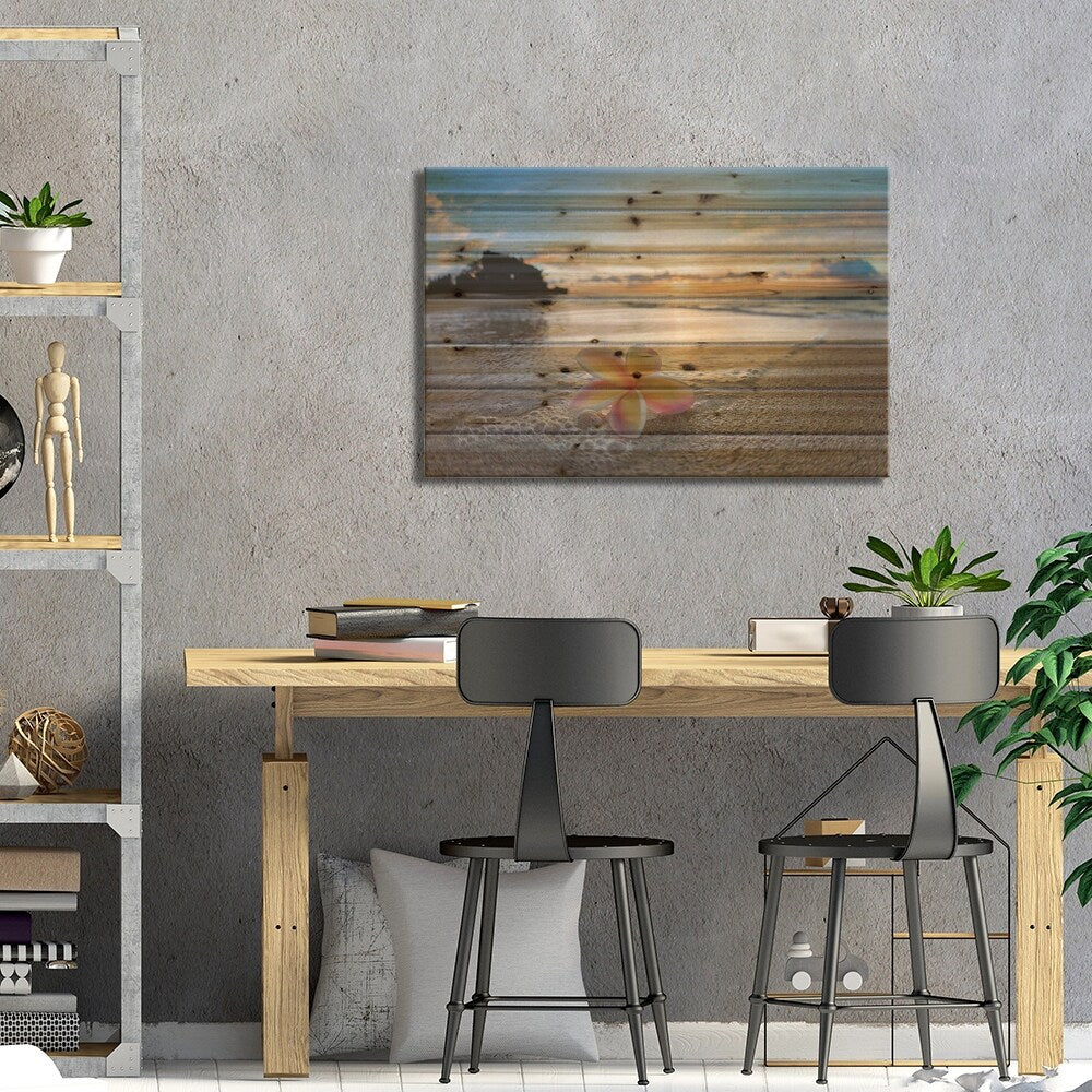 Plumeria Shore Print On Wood by Sean Davey - Multi-Color