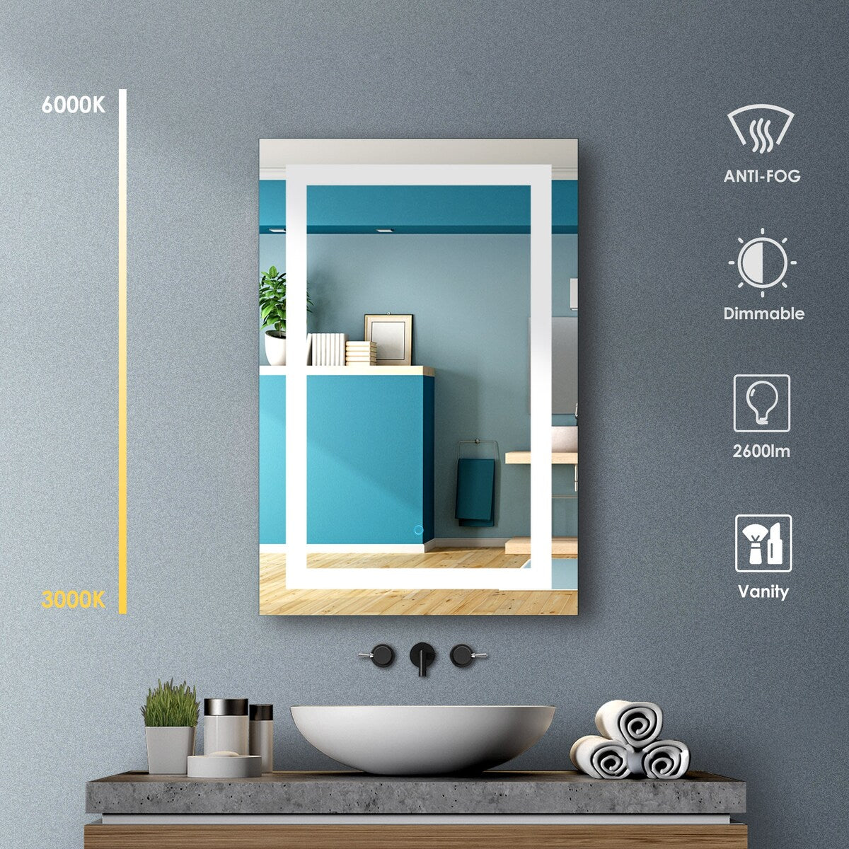 Plushom Wall Mounted Vanity Mirror，LED Lighted Bathroom Mirror - 24"*36"