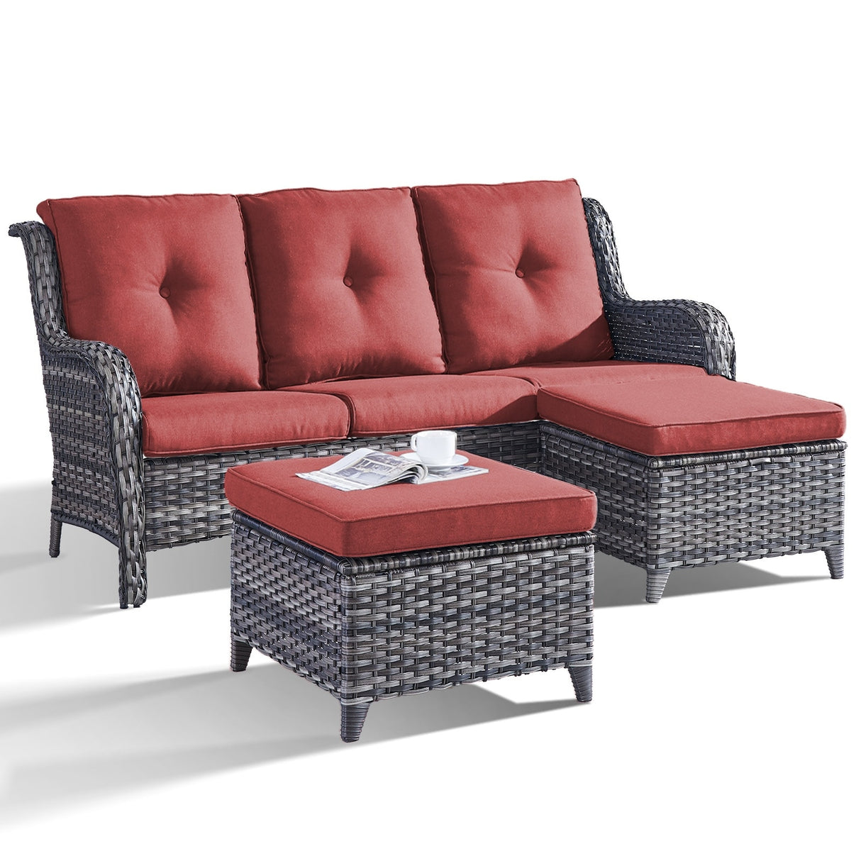 Pocassy 3-Piece Outdoor Wicker Sofa Set with Ottoman