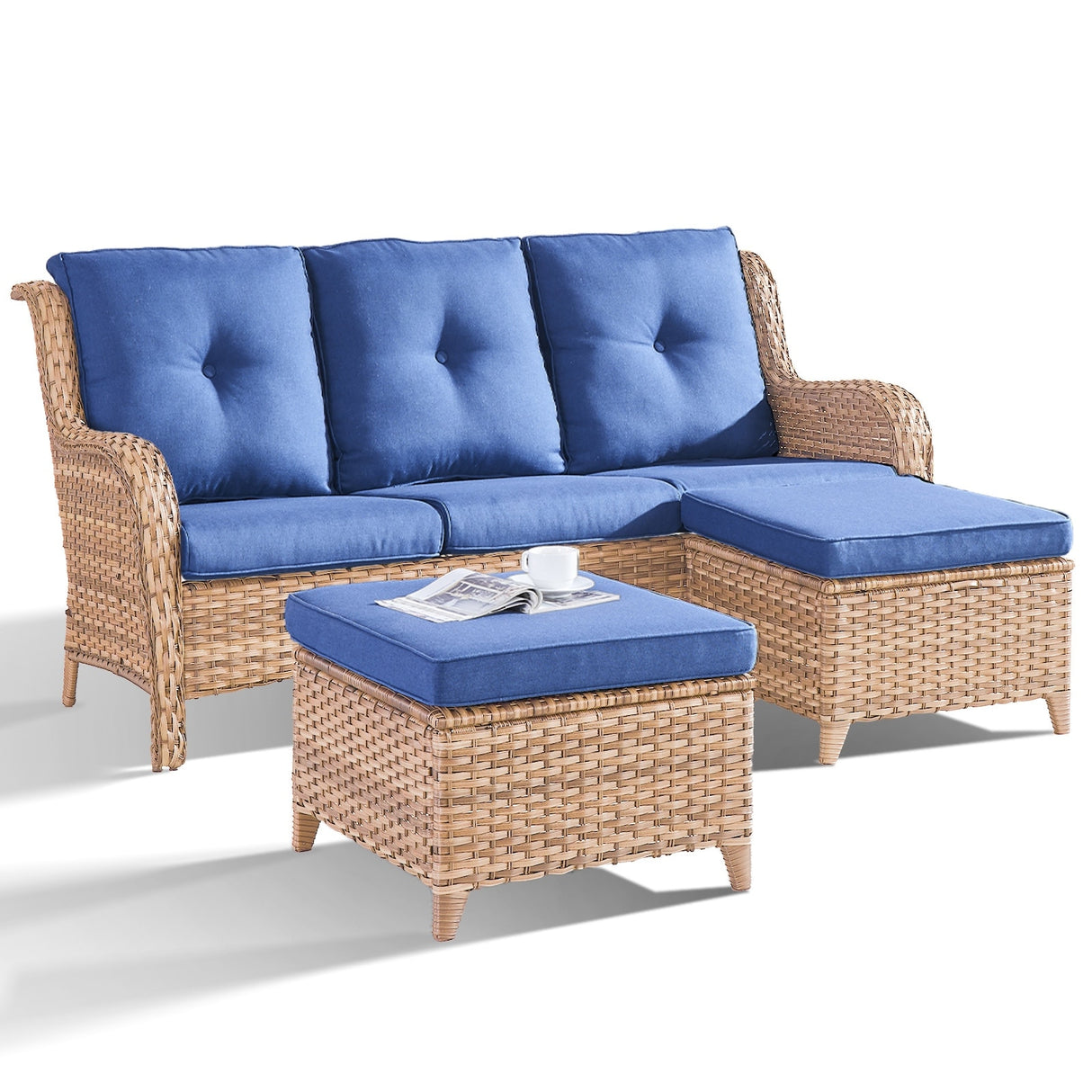 Pocassy 3-Piece Outdoor Wicker Sofa Set with Ottoman