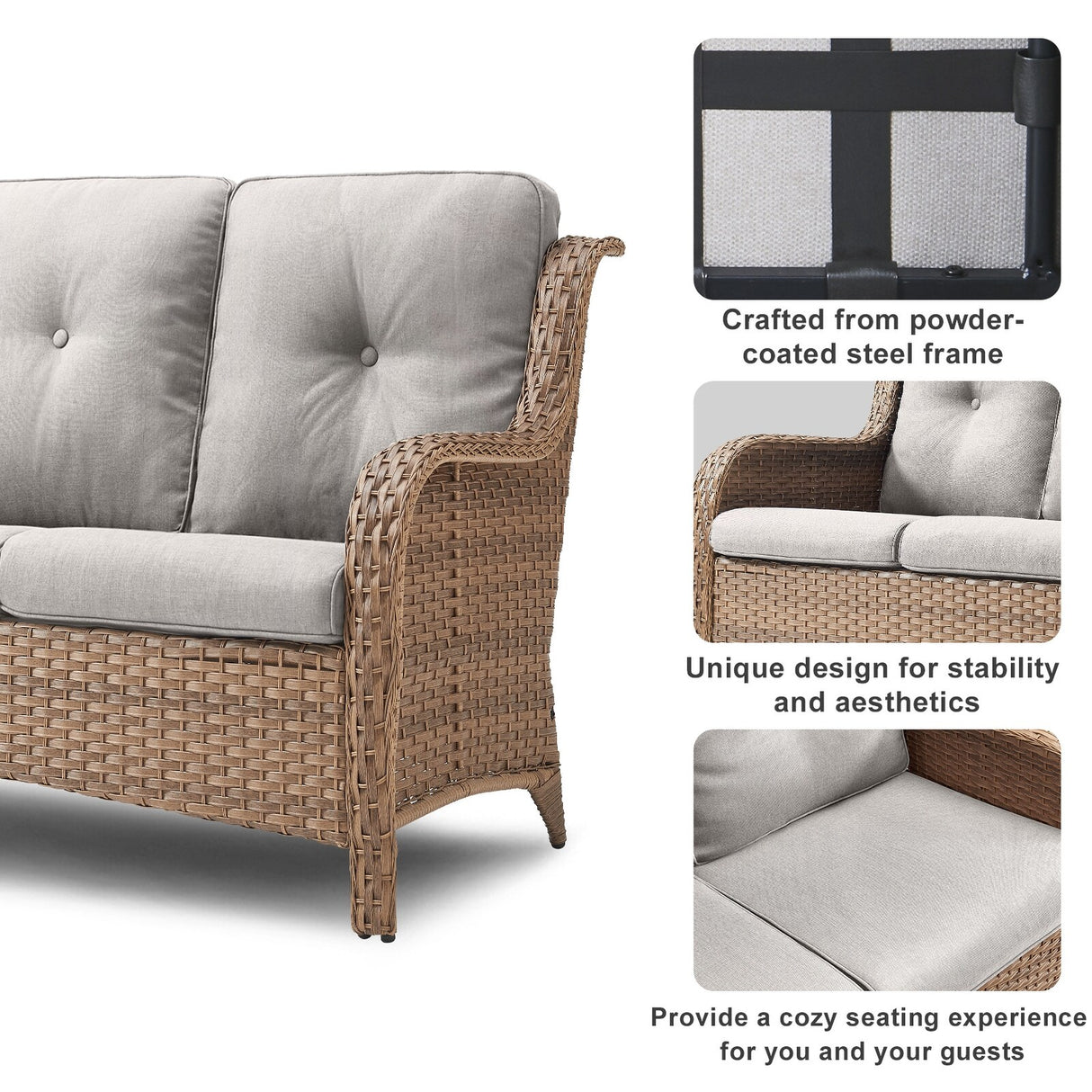 Pocassy 3-Piece Outdoor Wicker Sofa Set with Ottoman