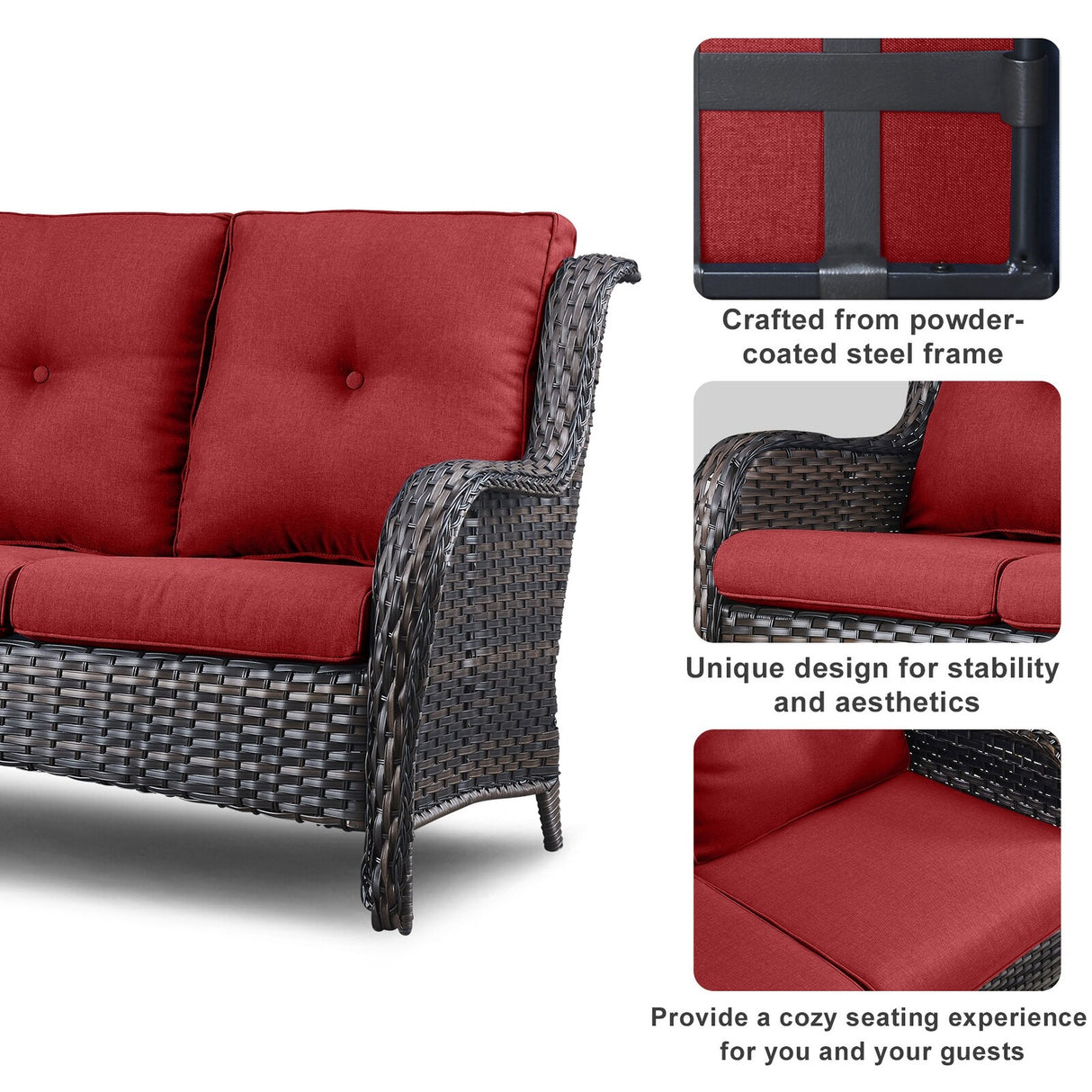 Pocassy 3-Piece Outdoor Wicker Sofa Set with Ottoman