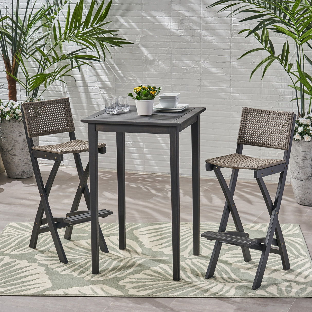 Polaris Outdoor 26" Square 3 Piece Wood and Wicker Bar Height Set by Christopher Knight Home