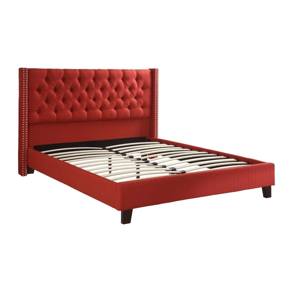 Polyfiber Upholstered Queen Size Bed Featuring Nail head Trim Carmine Red