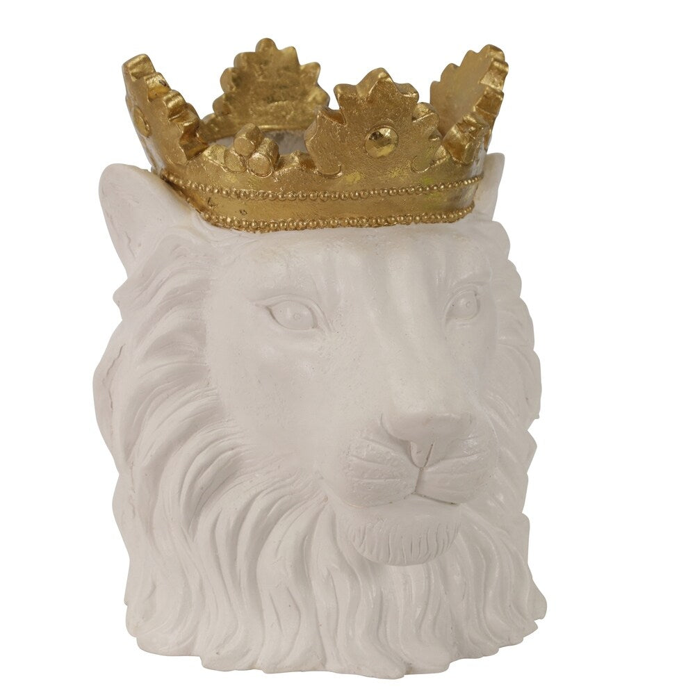 Polyresin Decorative Lion Figurine with Crown, Gold and White
