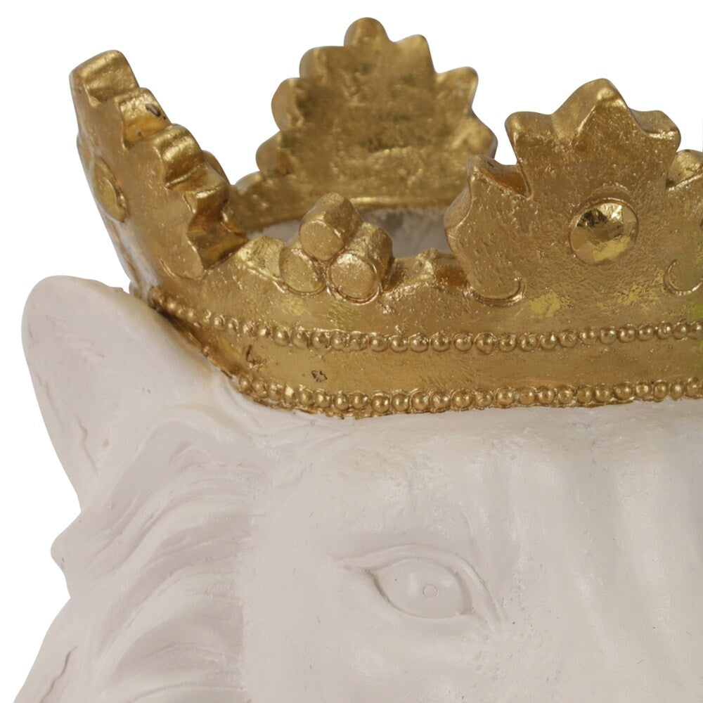 Polyresin Decorative Lion Figurine with Crown, Gold and White