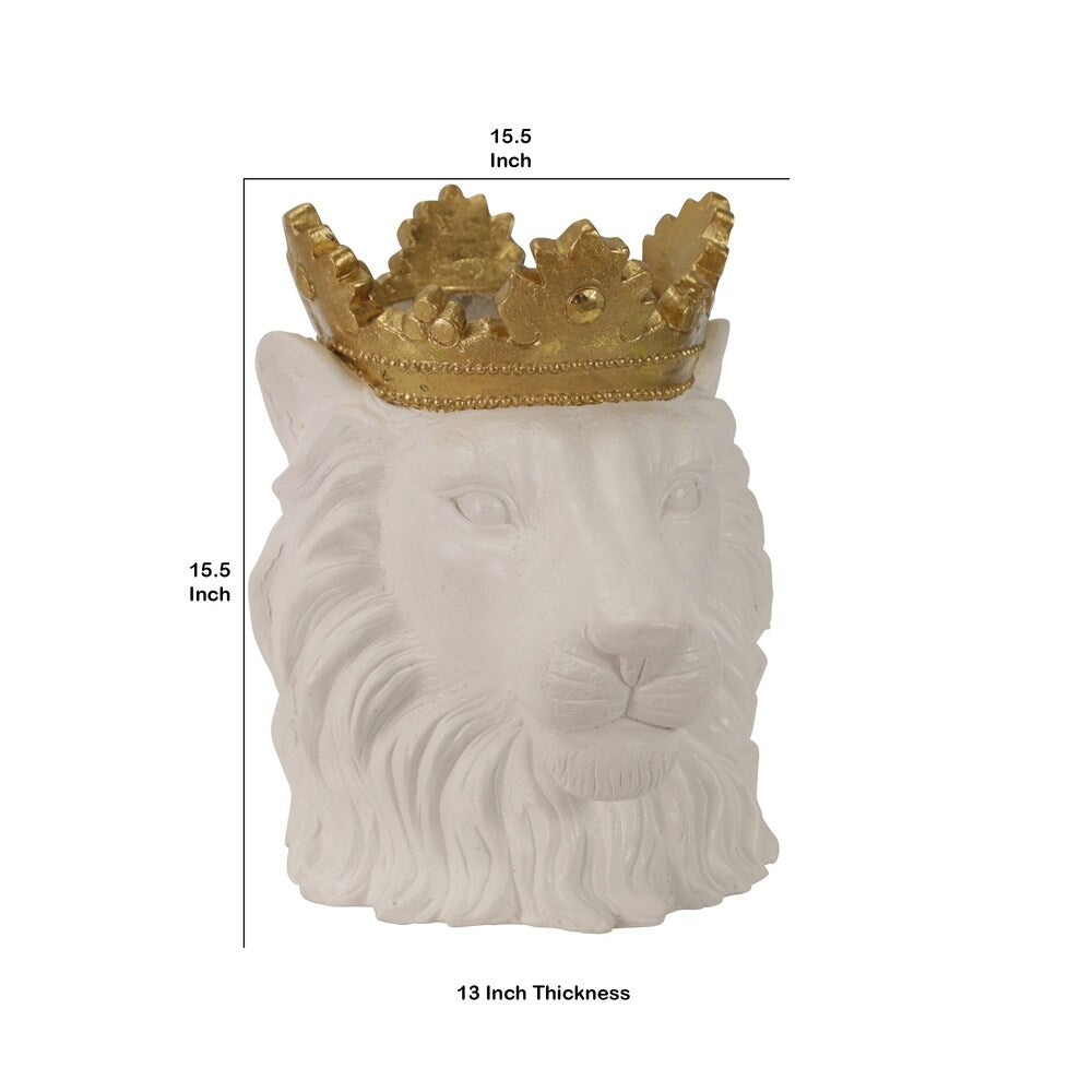 Polyresin Decorative Lion Figurine with Crown, Gold and White