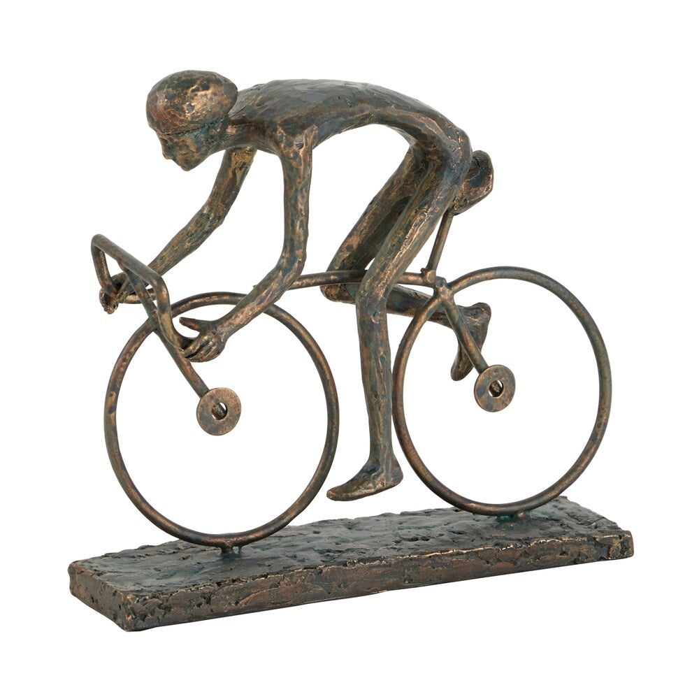 Polystone Man Sculpture Riding Bicycle with Stable Base, Bronze