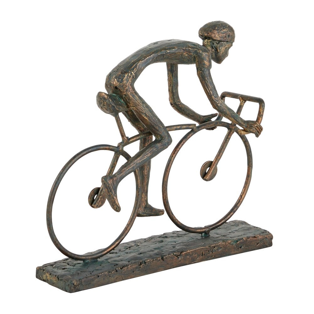 Polystone Man Sculpture Riding Bicycle with Stable Base, Bronze