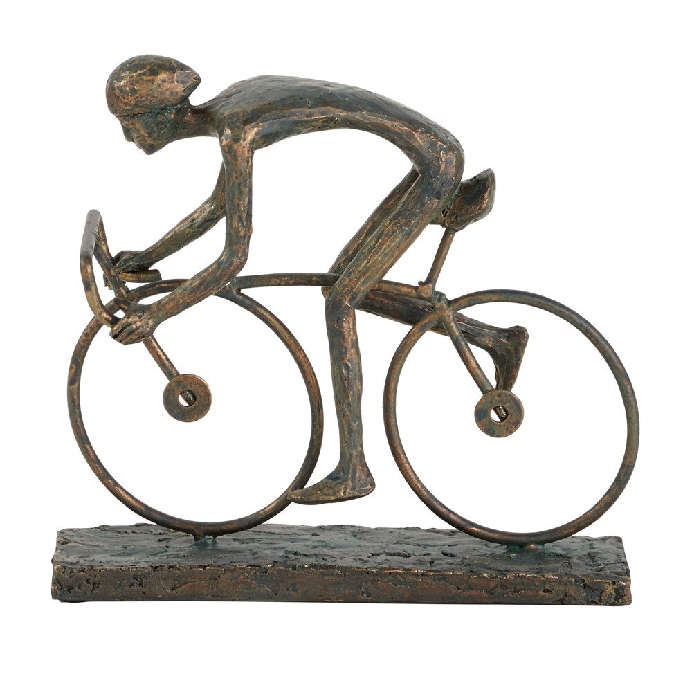 Polystone Man Sculpture Riding Bicycle with Stable Base, Bronze
