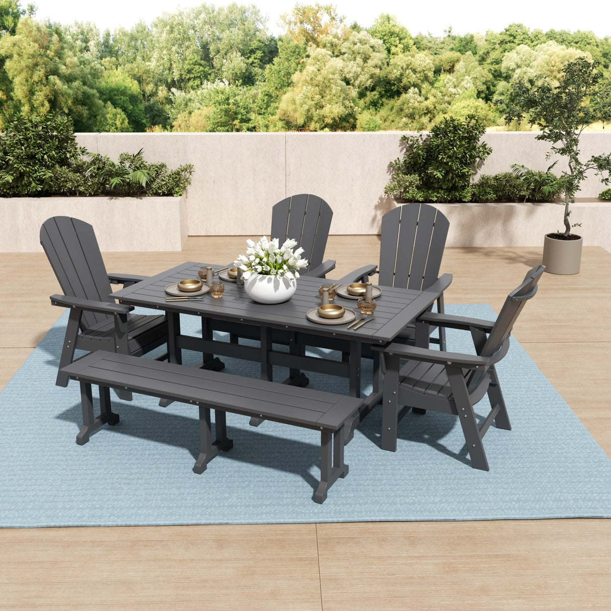 Polytrends Laguna Hdpe All Weather Outdoor Patio Dining Set with Rectangle Table, Arm Chairs, and Bench (6-Piece Set)