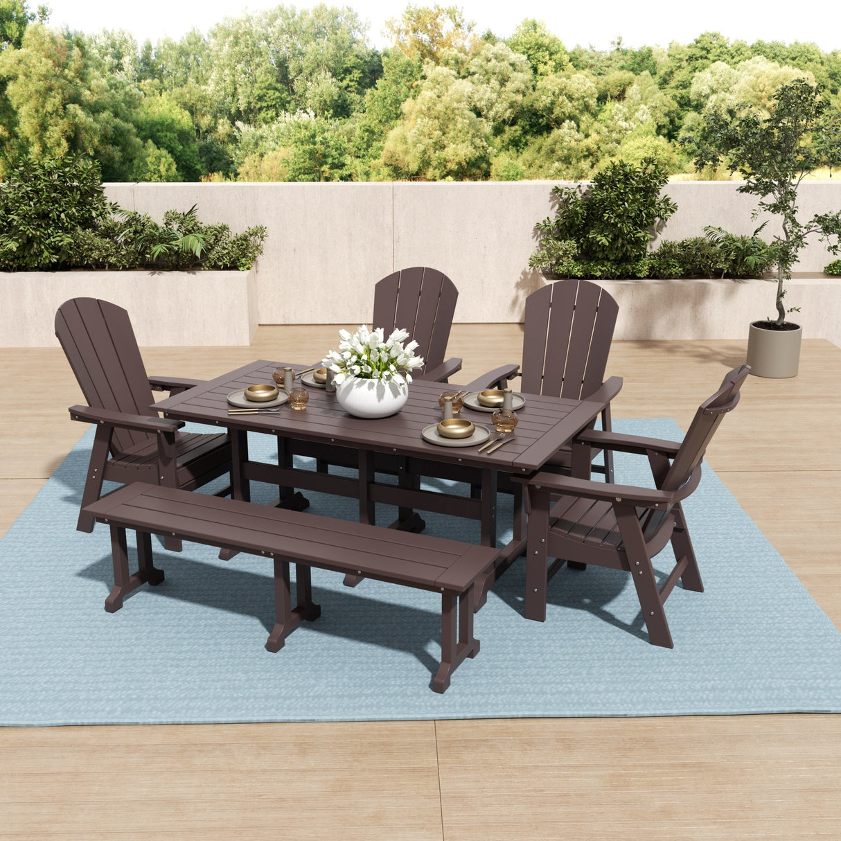 Polytrends Laguna Hdpe All Weather Outdoor Patio Dining Set with Rectangle Table, Arm Chairs, and Bench (6-Piece Set)