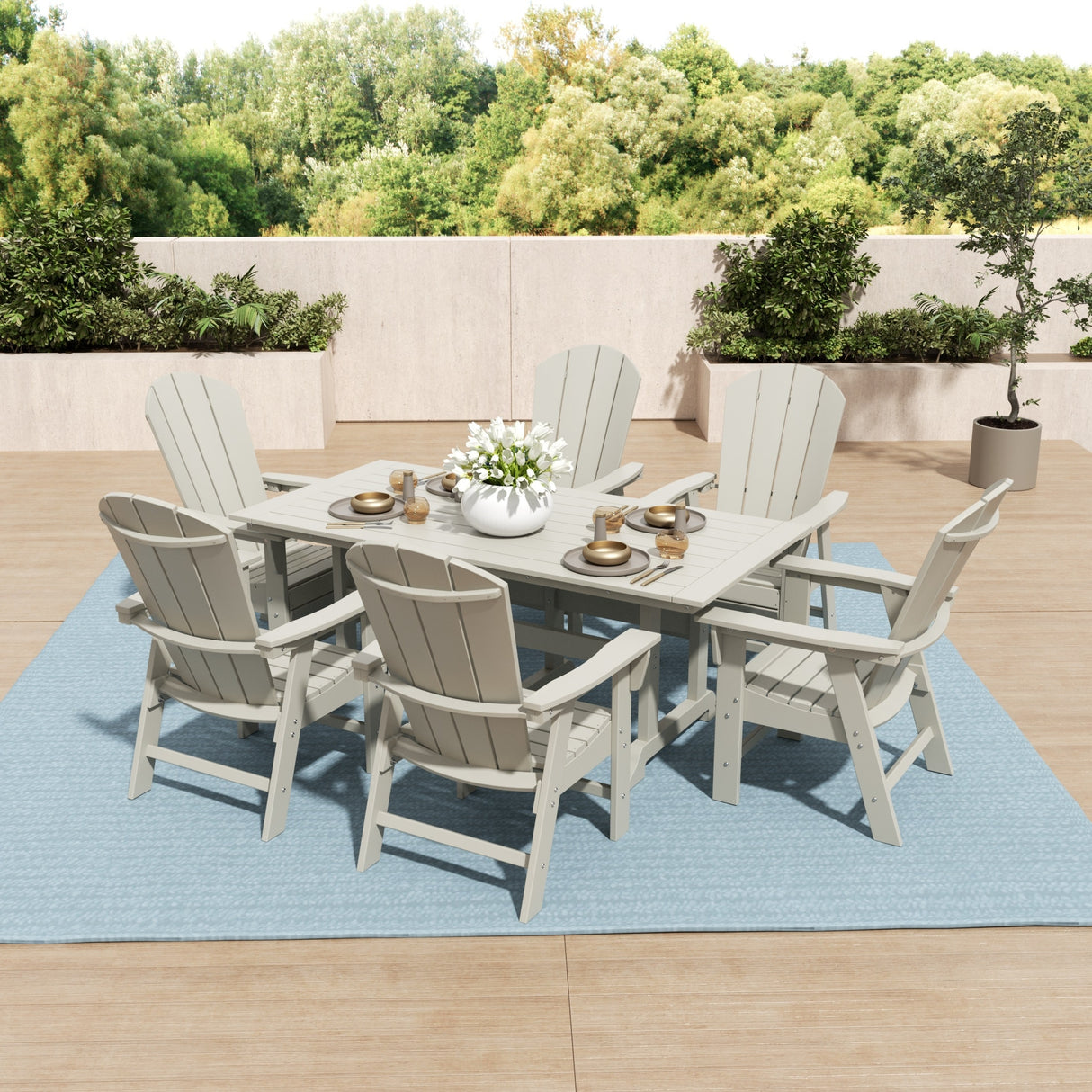 Polytrends Laguna Hdpe All Weather Outdoor Patio Rectangular Adirondack Dining Chairs With Table (7-Piece Set)