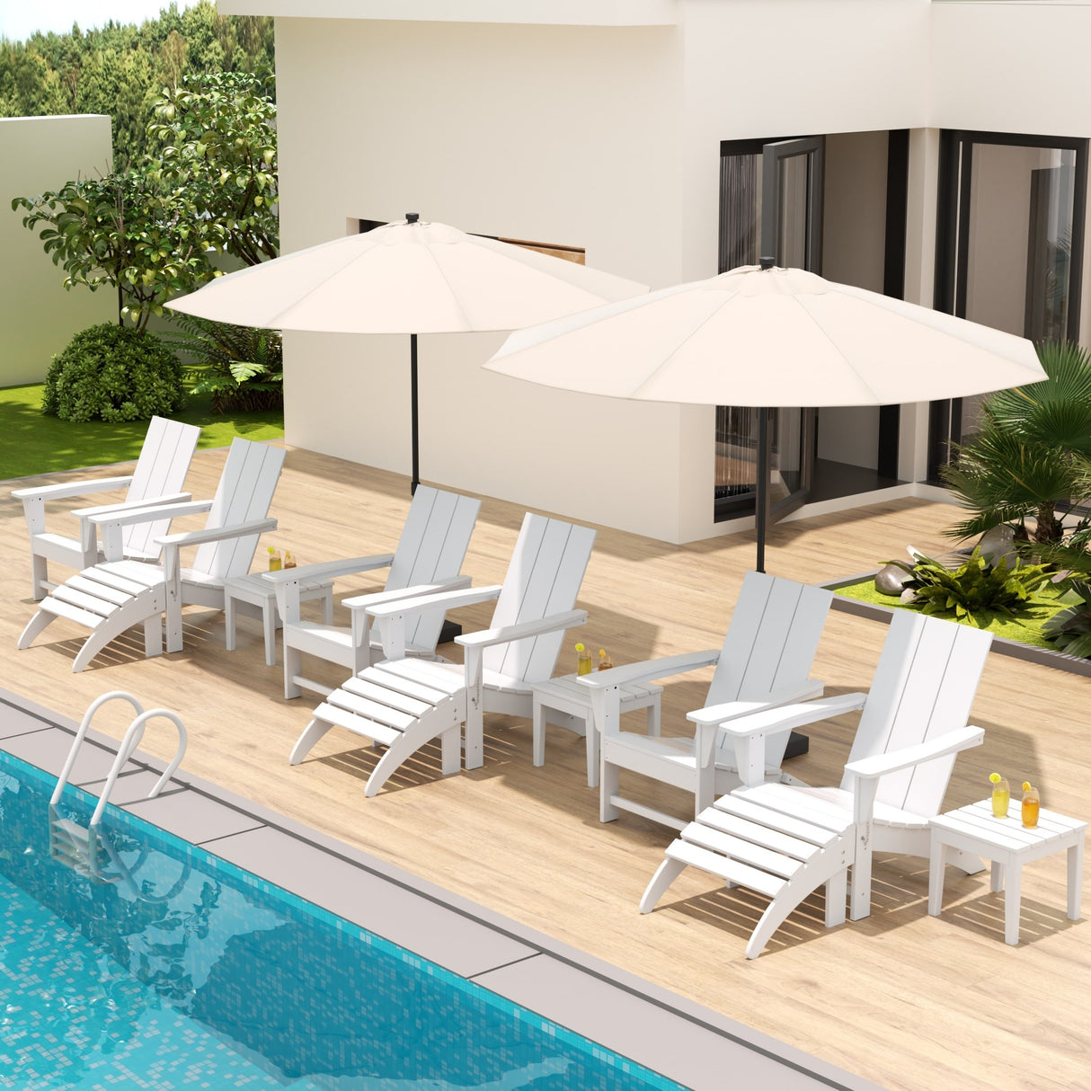 Polytrends Shoreside Modern 12-Piece Folding Adirondack Chair With Ottoman And Side Table