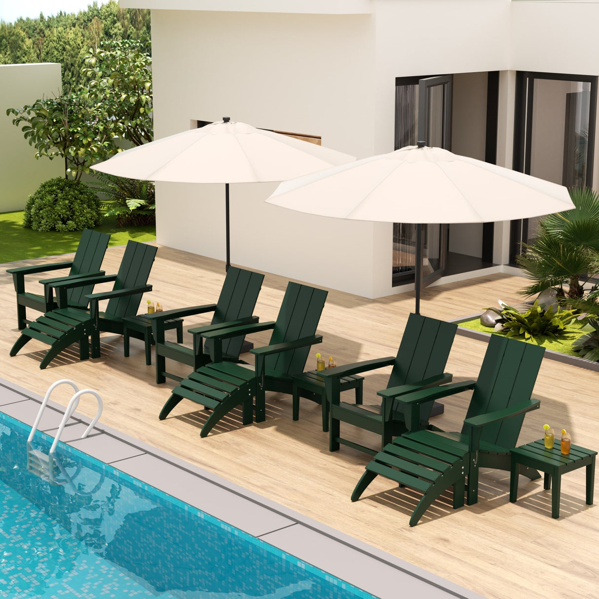 Polytrends Shoreside Modern 12-Piece Folding Adirondack Chair With Ottoman And Side Table