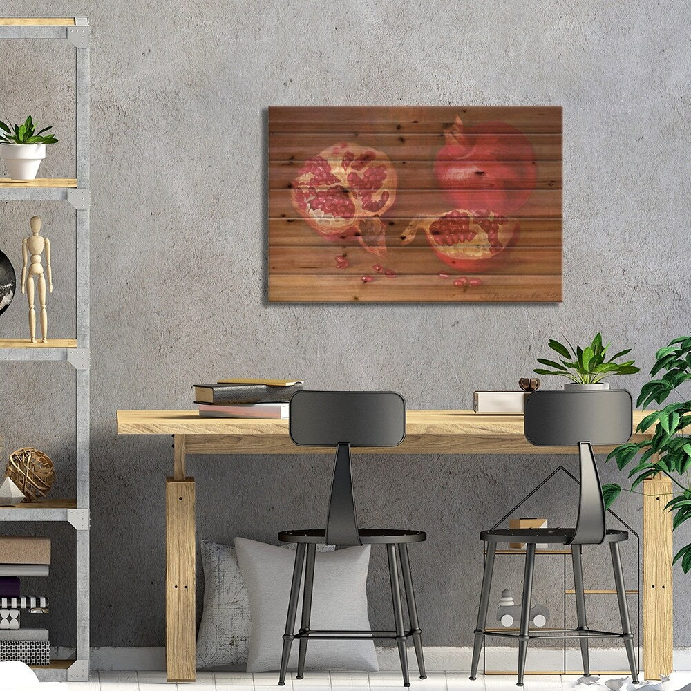 Pomegranates On The Table Print On Wood by Yulia Krasnov - Multi-Color
