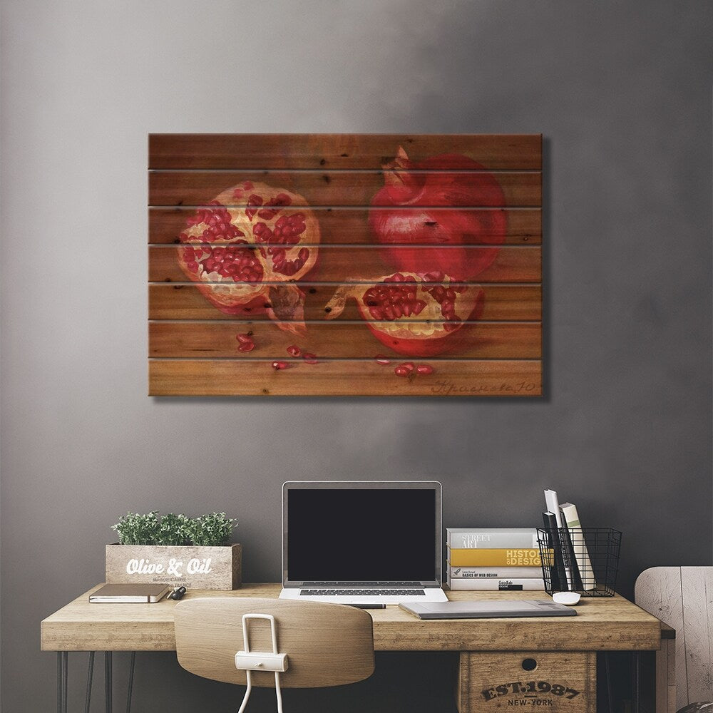 Pomegranates On The Table Print On Wood by Yulia Krasnov - Multi-Color