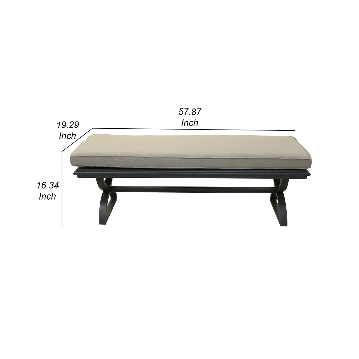 Pomona 58 Inch Patio Bench, Cushion, Polyester Fiber, Crossed Legs, Beige