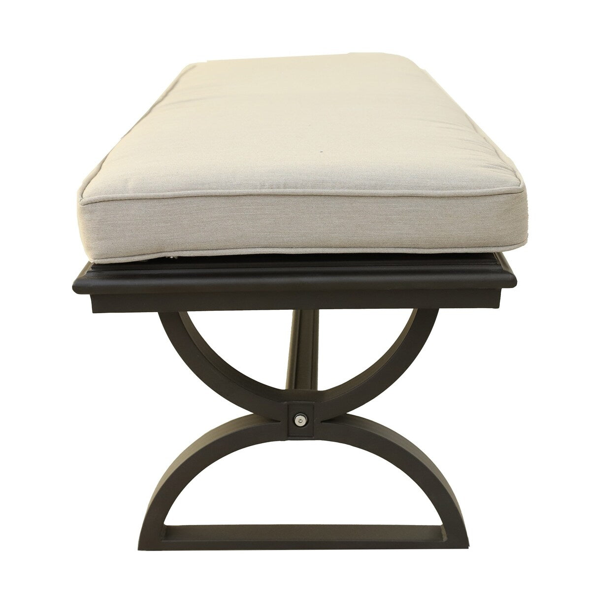 Pomona 58 Inch Patio Bench, Cushion, Polyester Fiber, Crossed Legs, Beige