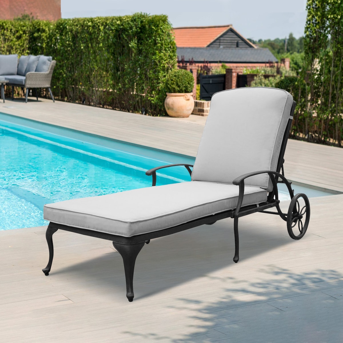 Poolside Reclining Chaise Lounge Patio ArmChair with Wheels & Cushion