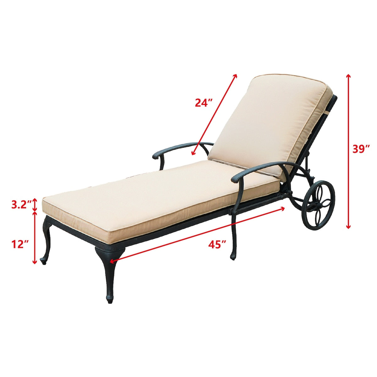 Poolside Reclining Chaise Lounge Patio ArmChair with Wheels & Cushion